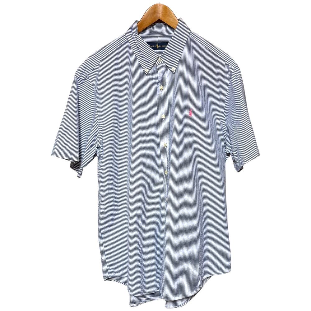 Ralph Lauren Seersucker Button Down Short Sleeve Blue White Pink Pony XL